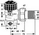 Thermostat-Ventilunterteil in Eckform mit Anschlussgewinde, zeigt Montage- und Maßskizze. Hersteller: IMI Hydronic Engineering.